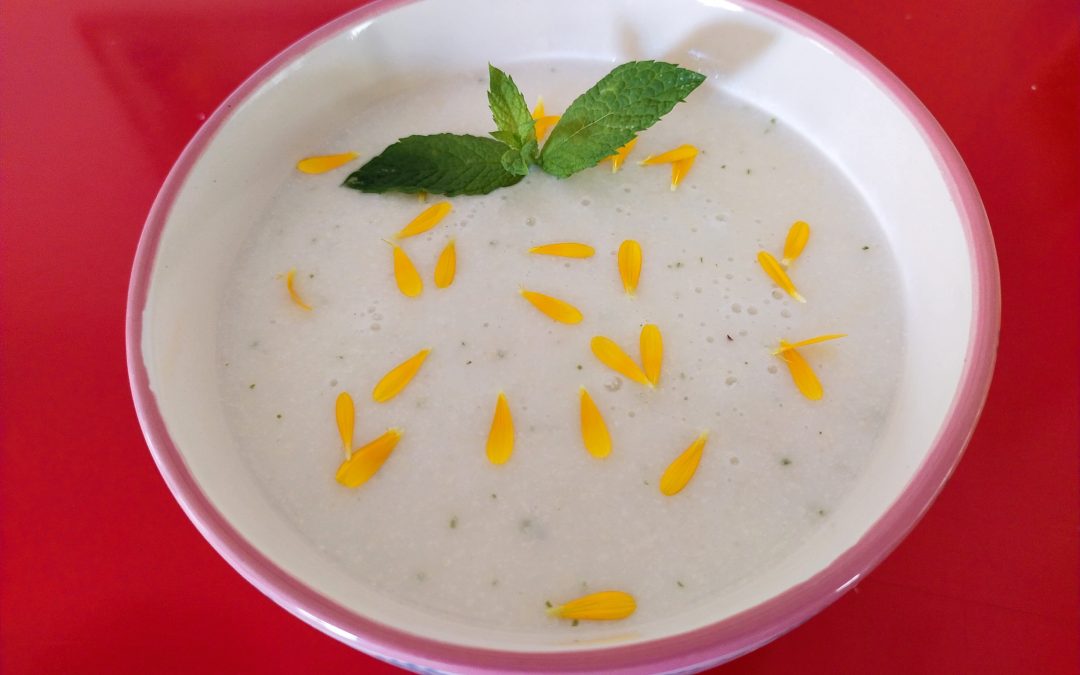 Sopa fría de melón, leche de coco y anacardos con salmonetes y pisto de pimientos